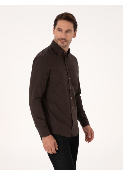 Erkek Koyu Kahverengi Slim Fit Uzun Kollu Gömlek 50313122-VR084 modelleri