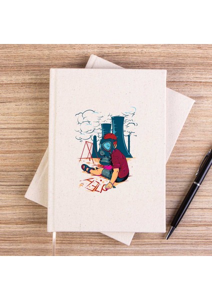 Gas Mask Boy Cartoon Çizgisiz Kanvas Defter Çizgisiz
