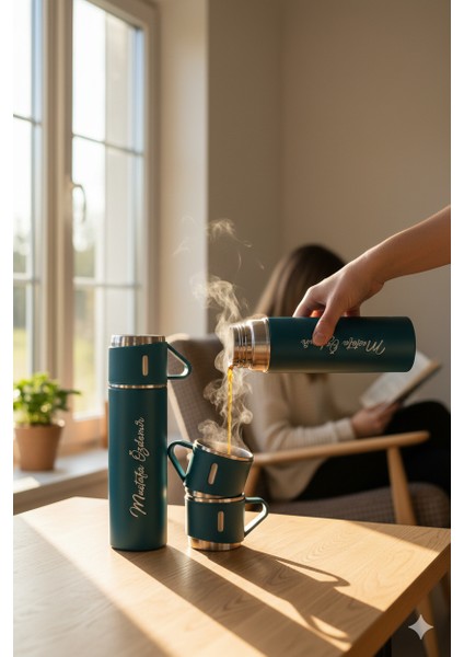 Çay Termosu 500ML 3 Bardaklı Premium Çelik Termos Kahve Termosu Sıcak Tutan Hediye Çantalı