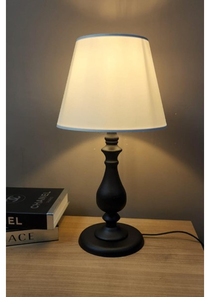 Asyo Siyah Ayaklı Abajur Masa Lambası Krem Şapka Salon Yatak Odası Abajur
