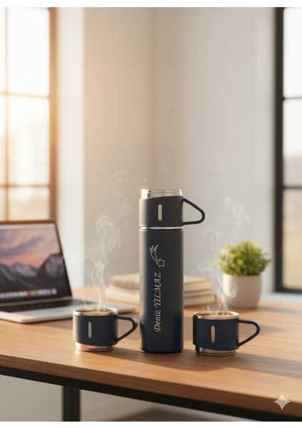 500 ml Çelik Termos 3 Bardaklı Set Premium Kahve Termosu Çay Termosu Hediye Çantalı