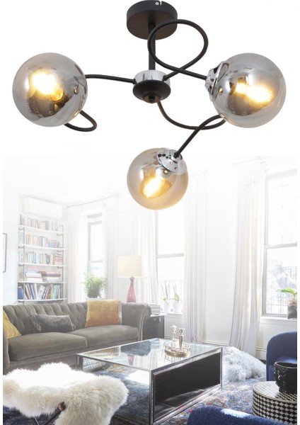 Renas 3 Lü Siyah Avize-Füme Camlı Dekoratif Tasarım Yatak Odası Mutfak Salon Avize