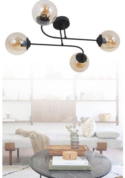 Capri 4 Lü Siyah Avize Bal Camlı Dekoratif Tasarım Yatak Odası Mutfak Salon Avize