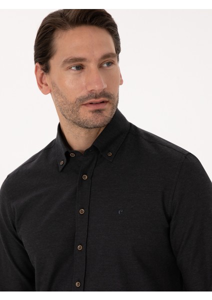Erkek Siyah Slim Fit %100 Pamuk Yakası Düğmeli Flanel Gömlek 50313122-VR046 fiyatları