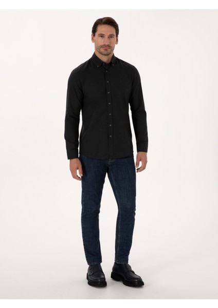 Erkek Siyah Slim Fit %100 Pamuk Yakası Düğmeli Flanel Gömlek 50313122-VR046 fırsatları