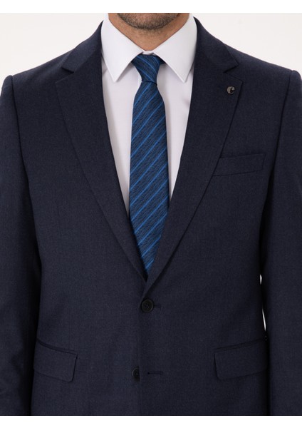 Erkek Lacivert Slim Fit Yün Karışımlı Mikro Desenli Klasik Ceket 50310061-VR033