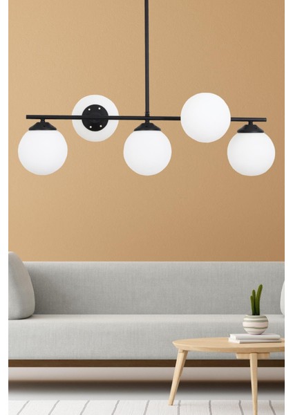 Modena 5 Li Siyah Avize-Beyaz Camlı Dekoratif Tasarım Yatak Odası Mutfak Salon Avize