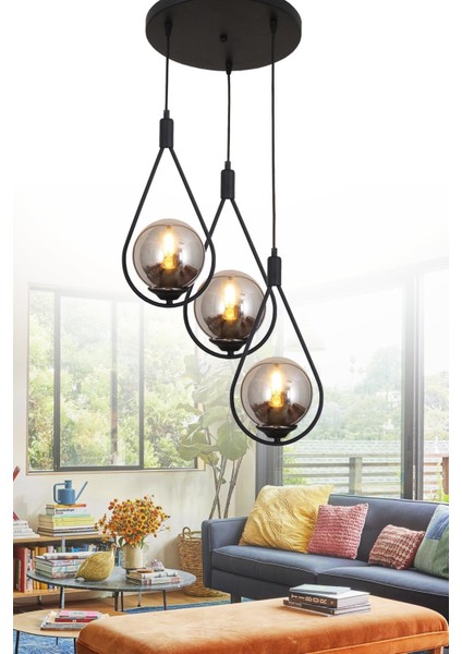 Damla 3 Lü Siyah Tepsili Sarkıt Avize Füme Camlı Yatak Odası Mutfak Salon Avize