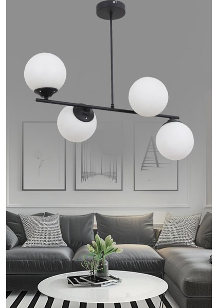 Bartın 4 Lü Siyah Avize Beyaz Camlı Dekoratif Tasarım Yatak Odası Mutfak Salon Avize