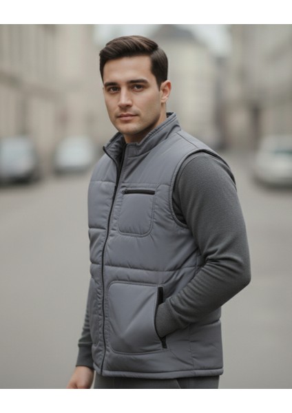 Erkek Içi Polarlı Gri Yelek,su Geçirmez 4cepli Yelek