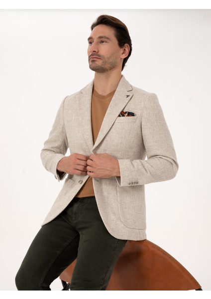 Erkek Bej Slim Fit Yün Kaşmir Karışımlı Mikro Desenli Ceket 50310754-VR011
