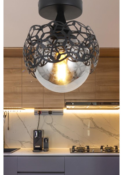 Alonso Tekli Siyah Avize Füme Cam Dekoratif Tasarım Modern Yatak Odası Salon Hol Mutfak Avize