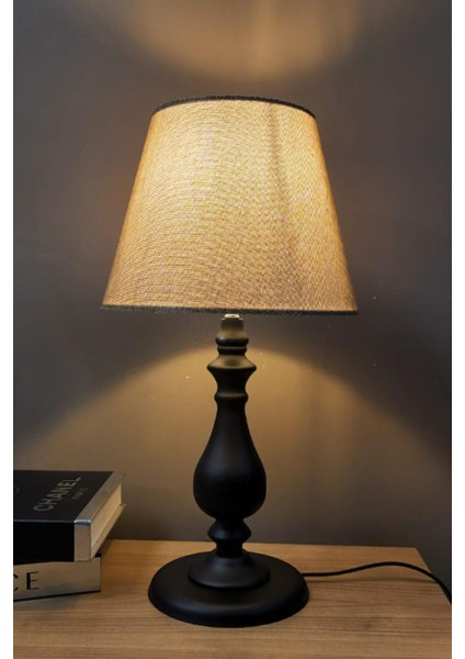 Asyo Siyah Ayaklı Abajur Masa Lambası Açık Kahve Şapka Salon Yatak Odası Abajur