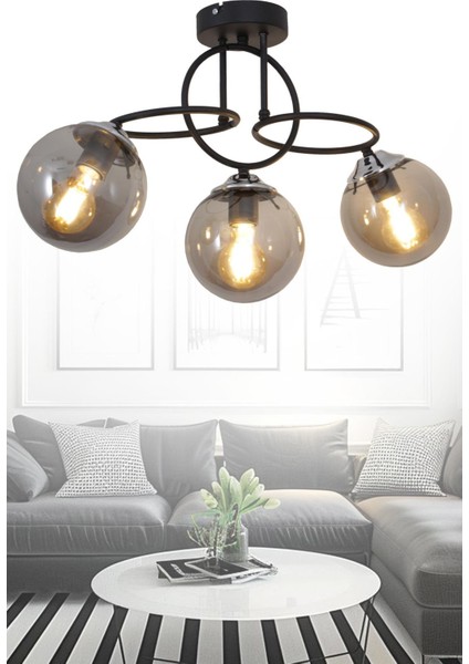 Sisam 3 Li Siyah Krom Avize-Füme Camlı Dekoratif Tasarım Yatak Odası Mutfak Salon Avize