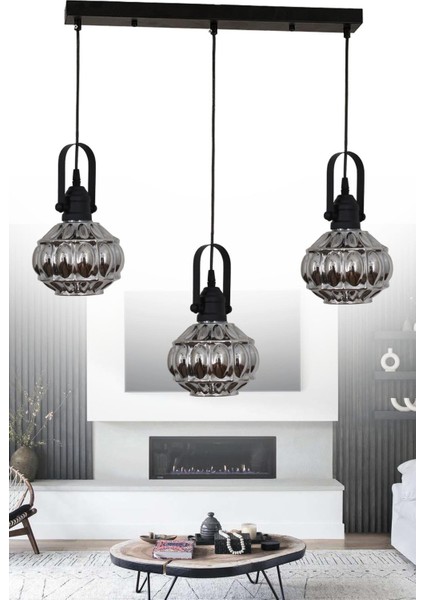 Narin 3 Lü Siyah Kutulu Sarkıt Avize Füme Camlı Yatak Odası Mutfak Salon Avize