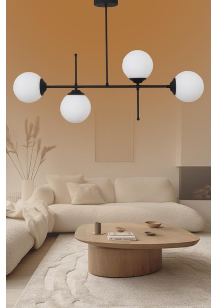 Darvin 4 Lü Siyah Avize Beyaz Camlı Yatak Odası Mutfak Salon Avize