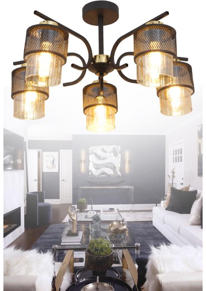 Amon 5 Li Siyah Gold Avize Boru Cam Dekoratif Tasarım Yatak Odası Mutfak Salon Avize