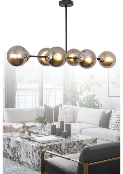 Malta 6 Lı Siyah Krom Avize-Füme Camlı Dekoratif Tasarım Yatak Odası Mutfak Salon Avize