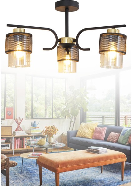 Amon 3 Lü Siyah Gold Avize Boru Cam Dekoratif Tasarım Yatak Odası Mutfak Salon Avize