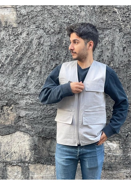 Erkek Yazlık Keten Kumaş Avcı Yelek Çok Cepli 7 Cep