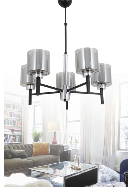 Pier 5 Li Siyah Krom Avize-Füme Camlı Dekoratif Tasarım Yatak Odası Mutfak Salon Avize