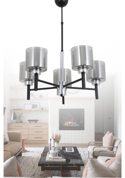 Pier 5 Li Siyah Krom Avize-Füme Camlı Dekoratif Tasarım Yatak Odası Mutfak Salon Avize fiyatları