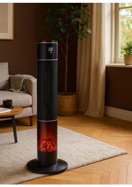 German HG-BLKO Black Oval Seri OLED Şömineli Ekran Dijital Kule Tipi Seramik Fanlı Isıtıcı