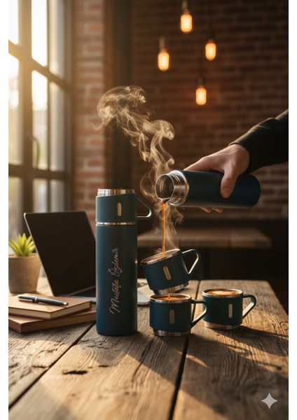 3 Bardaklı Paslanmaz Çelik Termos 500ML Premium A+ Kalite Kahve Termosu Çantalı Hediye