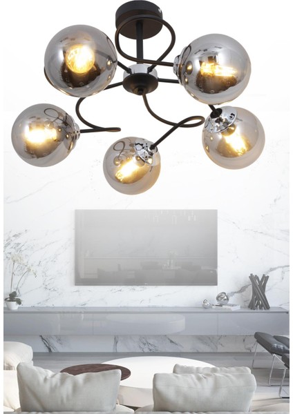 Renas 5 Li Siyah Avize-Füme Camlı Dekoratif Tasarım Yatak Odası Mutfak Salon Avize