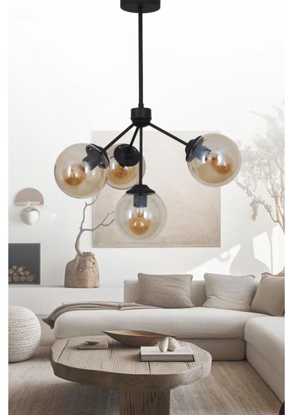 Lupin 4 Lü Siyah Avize Bal Camlı Dekoratif Tasarım Yatak Odası Mutfak Salon Avize