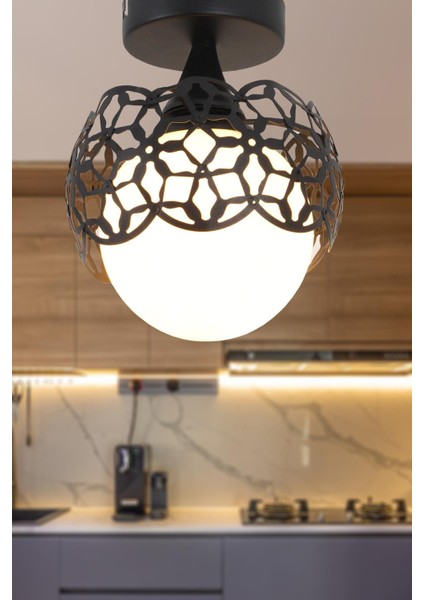 Alonso Tekli Siyah Avize Beyaz Cam Dekoratif Tasarım Modern Yatak Odası Salon Hol Mutfak Avize