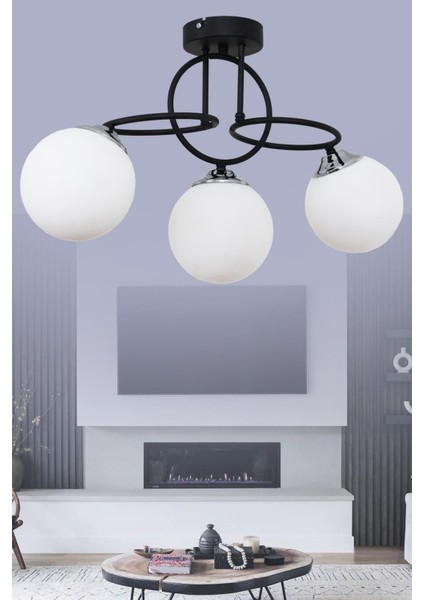 Sisam 3 Li Siyah Krom Avize-Beyaz Camlı Dekoratif Tasarım Yatak Odası Mutfak Salon Avize