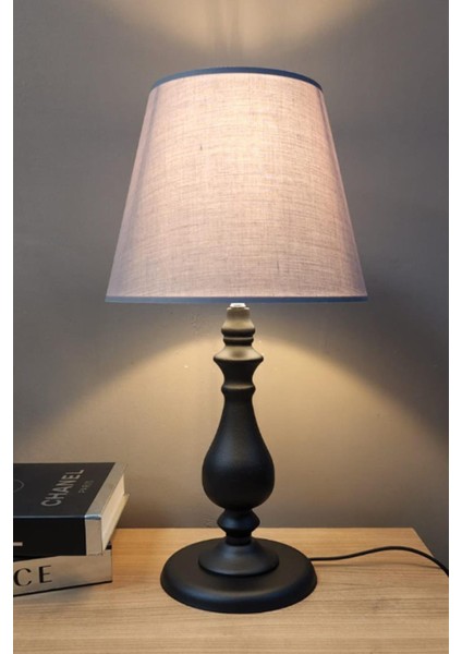 Asyo Siyah Ayaklı Abajur Masa Lambası Gri Şapka Salon Yatak Odası Abajur