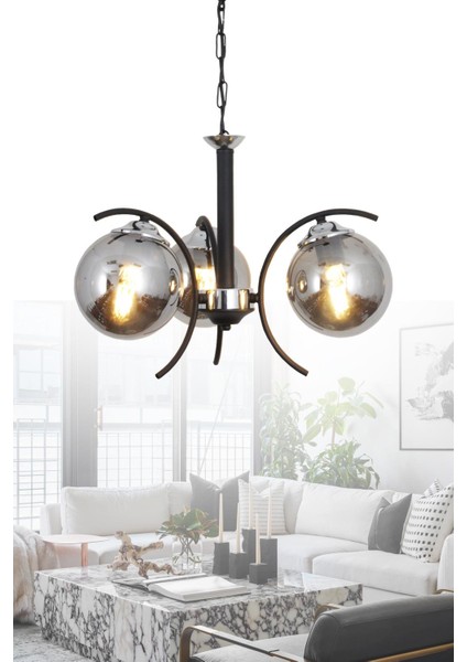 Duru 3 Lü Siyah Krom Avize-Füme Camlı Dekoratif Tasarım Yatak Odası Mutfak Salon Avize