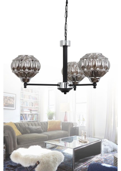 Müge 3 Lü Siyah Krom Avize 2063 Füme Camlı Dekoratif Tasarım Yatak Odası Mutfak Salon Avize