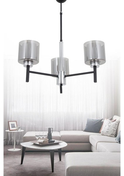 Pier 3 Lü Siyah Krom Avize-Füme Camlı Dekoratif Tasarım Yatak Odası Mutfak Salon Avize