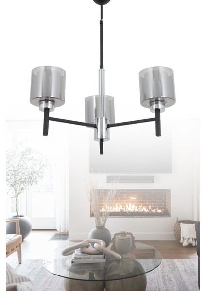 Pier 3 Lü Siyah Krom Avize-Füme Camlı Dekoratif Tasarım Yatak Odası Mutfak Salon Avize fiyatları