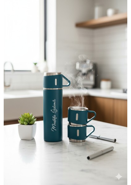 Premium Termos Bardak 500ML 3 Bardaklı Set Paslanmaz Çelik Kahve Termosu Hediye Çantalı