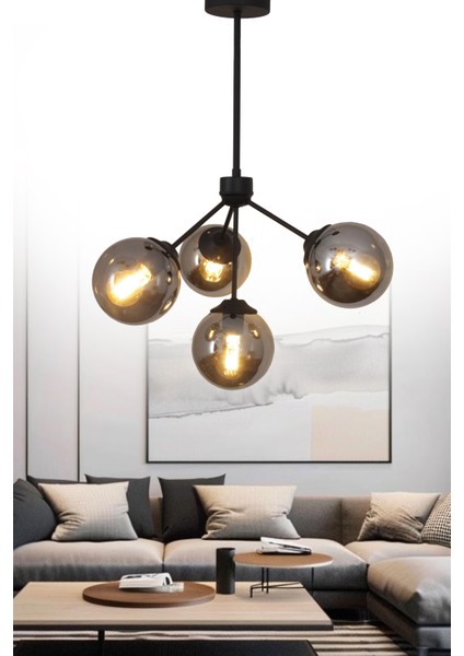 Lupin 4 Lü Siyah Avize Füme Camlı Dekoratif Tasarım Yatak Odası Mutfak Salon Avize