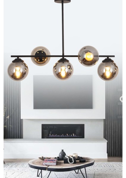 Moden 5 Li Siyah Avize-Füme Camlı Dekoratif Tasarım Yatak Odası Mutfak Salon Avize