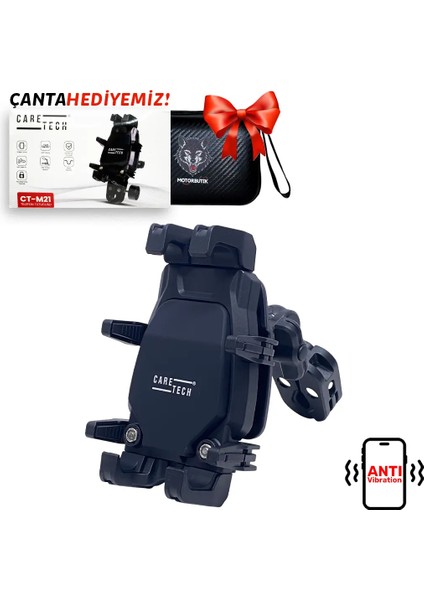 CT-M21 Telefon Tutucu Titreşim Önleyici Motosiklet Gidon Montajlı 8 Pençeli Siyah Su Geçirmez