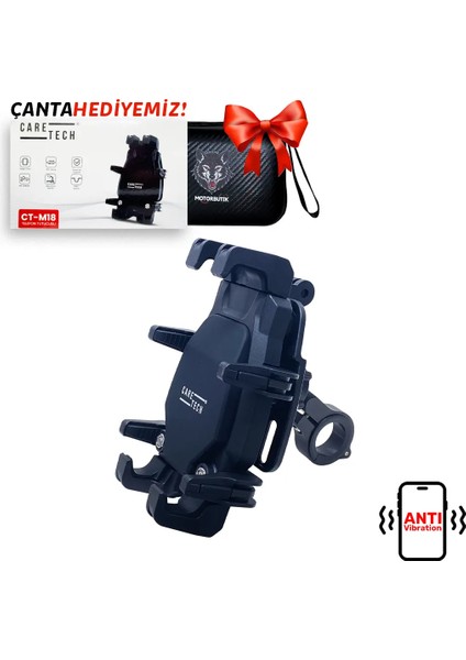 CT-M18 Telefon Tutucu Titreşim Önleyici Motosiklet Gidon Montajlı 8 Pençeli Siyah Su Geçirmez