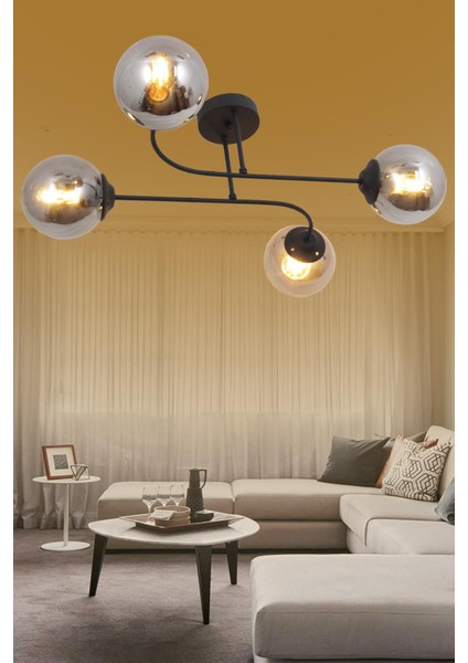 Capri 4 Lü Siyah Avize Füme Camlı Dekoratif Tasarım Yatak Odası Mutfak Salon Avize