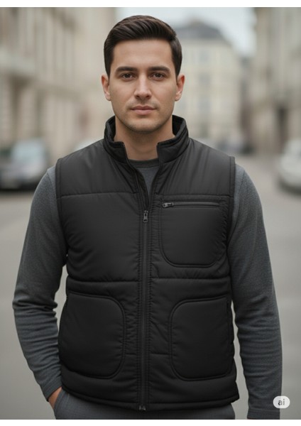 Erkek Içi Polarlı Siyah Yelek ,su Geçirmez 4 Cepli Yelek