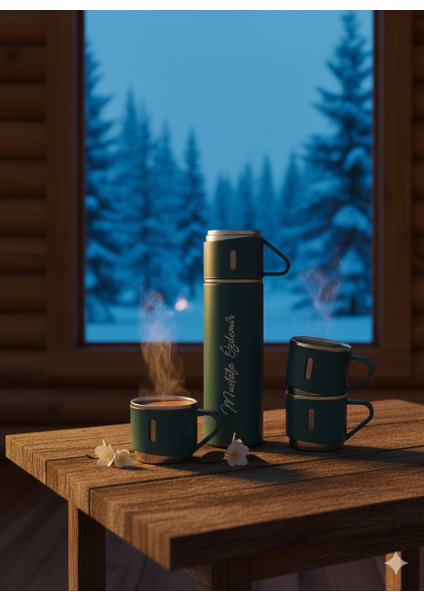 Paslanmaz Çelik Termos 500ML 3 Bardaklı Premium Kahve Termosu Çay Termosu Çanta Hediyeli