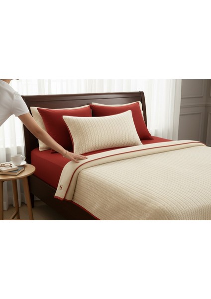 Kırmızı - Ekru Örgü Desen Tek Kişilik Nevresim Takımı (Pike Tkm)