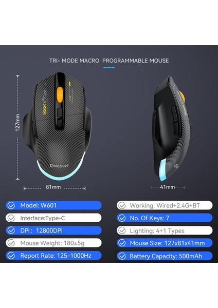 Tri-Mode Gaming Mouse – 12800 Dpı, 2.4ghz Kablosuz + Bluetooth + Kablolu Bağlantı, Rgb Aydınlatma, Type-C Şarjlı, 500MAH Batarya, 7 Tuşlu Ergonomik Oyuncu Mouse | W601 fiyatları
