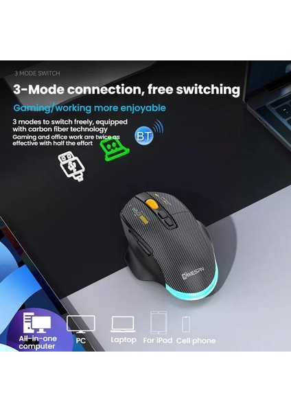 Tri-Mode Gaming Mouse – 12800 Dpı, 2.4ghz Kablosuz + Bluetooth + Kablolu Bağlantı, Rgb Aydınlatma, Type-C Şarjlı, 500MAH Batarya, 7 Tuşlu Ergonomik Oyuncu Mouse | W601 modelleri