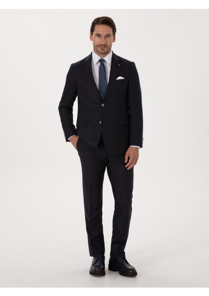 Erkek Koyu Lacivert Slim Fit Yün Karışımlı Mikro Desenli Takım Elbise 50315597-VR100