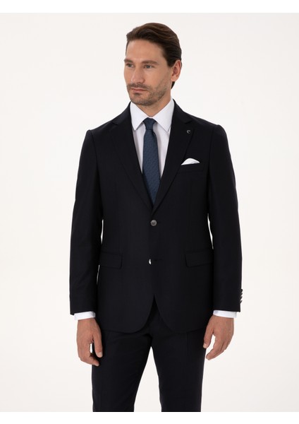 Erkek Koyu Lacivert Slim Fit Yün Karışımlı Mikro Desenli Takım Elbise 50315597-VR100 modelleri